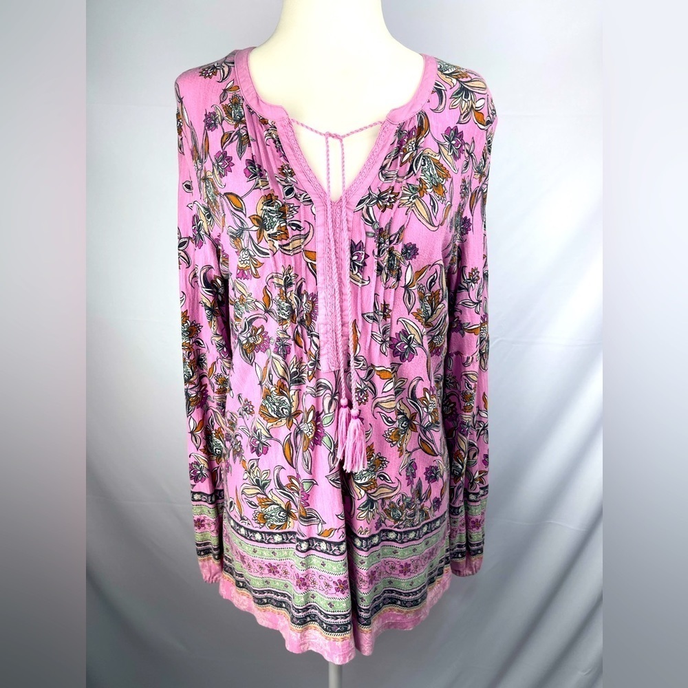 Vintage America pink floral peasant shirt with tassels women’s size M